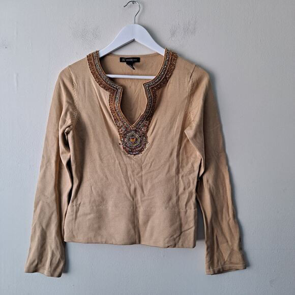 INC Mustard Gold Beaded Long Sleeve Slit Front Sweater / Knit Top - M - Picture 5 of 10